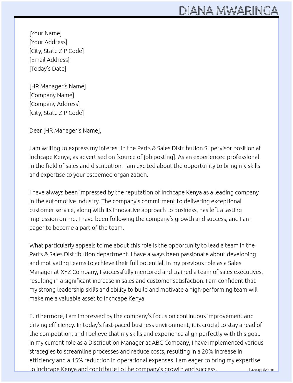 Parts & Sales Distribution Supervisor At Inchcape kenya Cover Letter