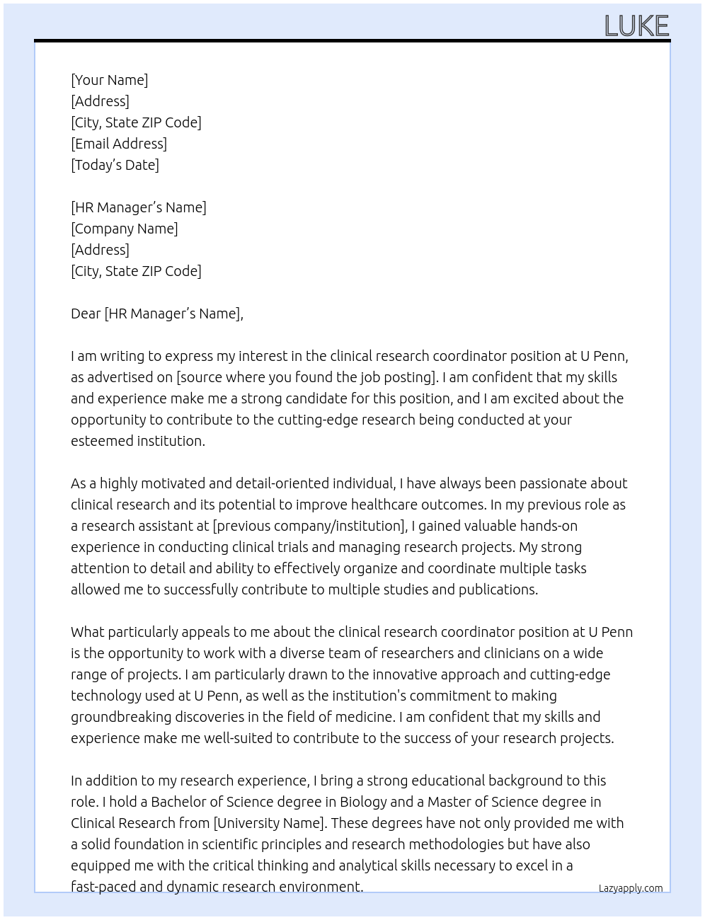 clinical research coordinator At u penn Cover Letter