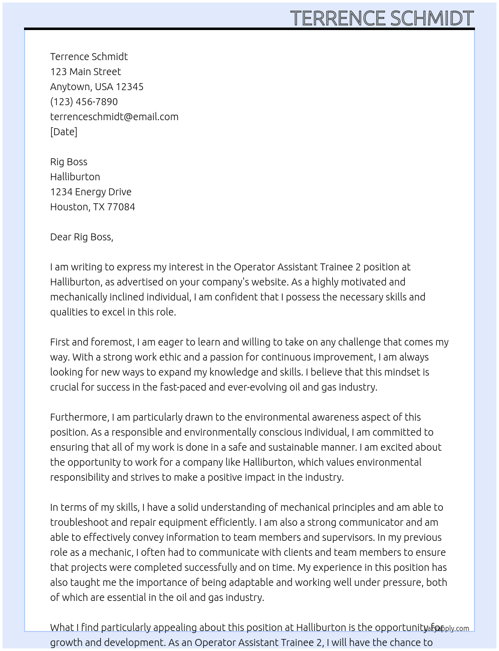 Operator assistant trainee 2 At Halliburton Cover Letter