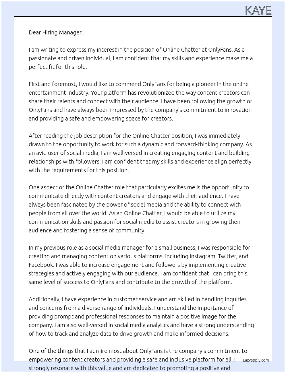 Online Chatter At OnlyFans Cover Letter