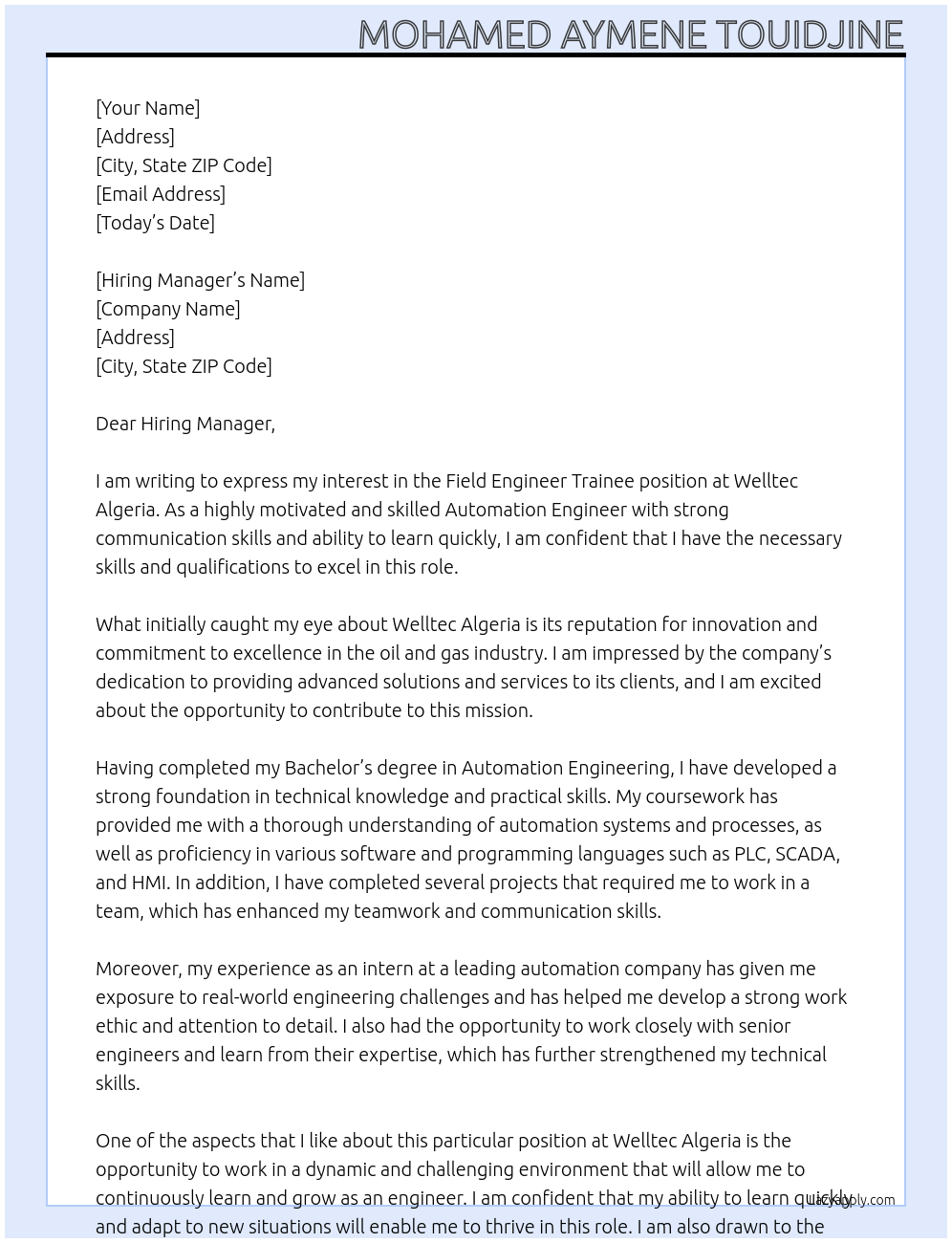 Field Engineer Trainee At Welltec Algeria Cover Letter