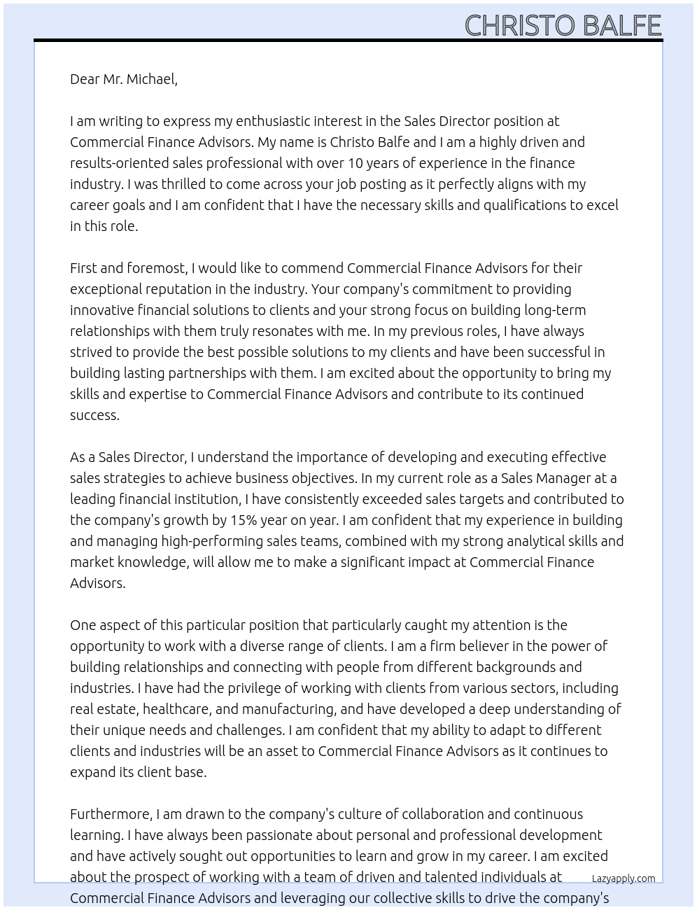 Sales Director  At Commercial Finance Advisors  Cover Letter