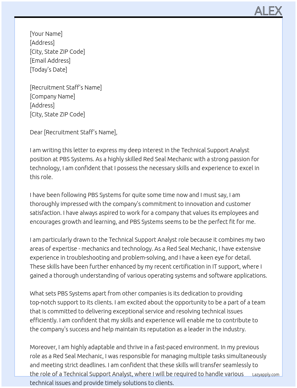 Technical Support Analyst At PBS Systems Cover Letter