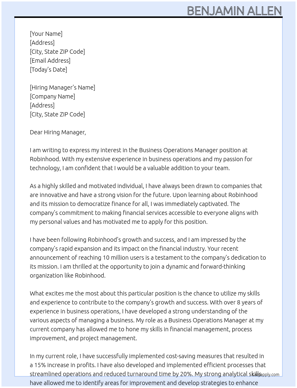 Business Operations Manager At Robinhood Cover Letter