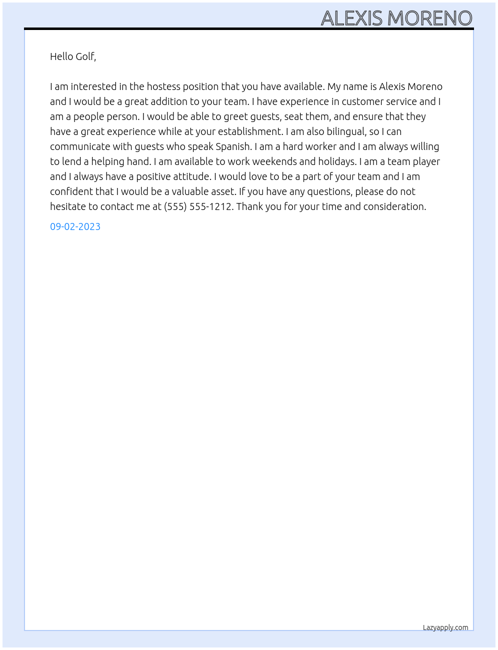 Hostess At Golf Cover Letter
