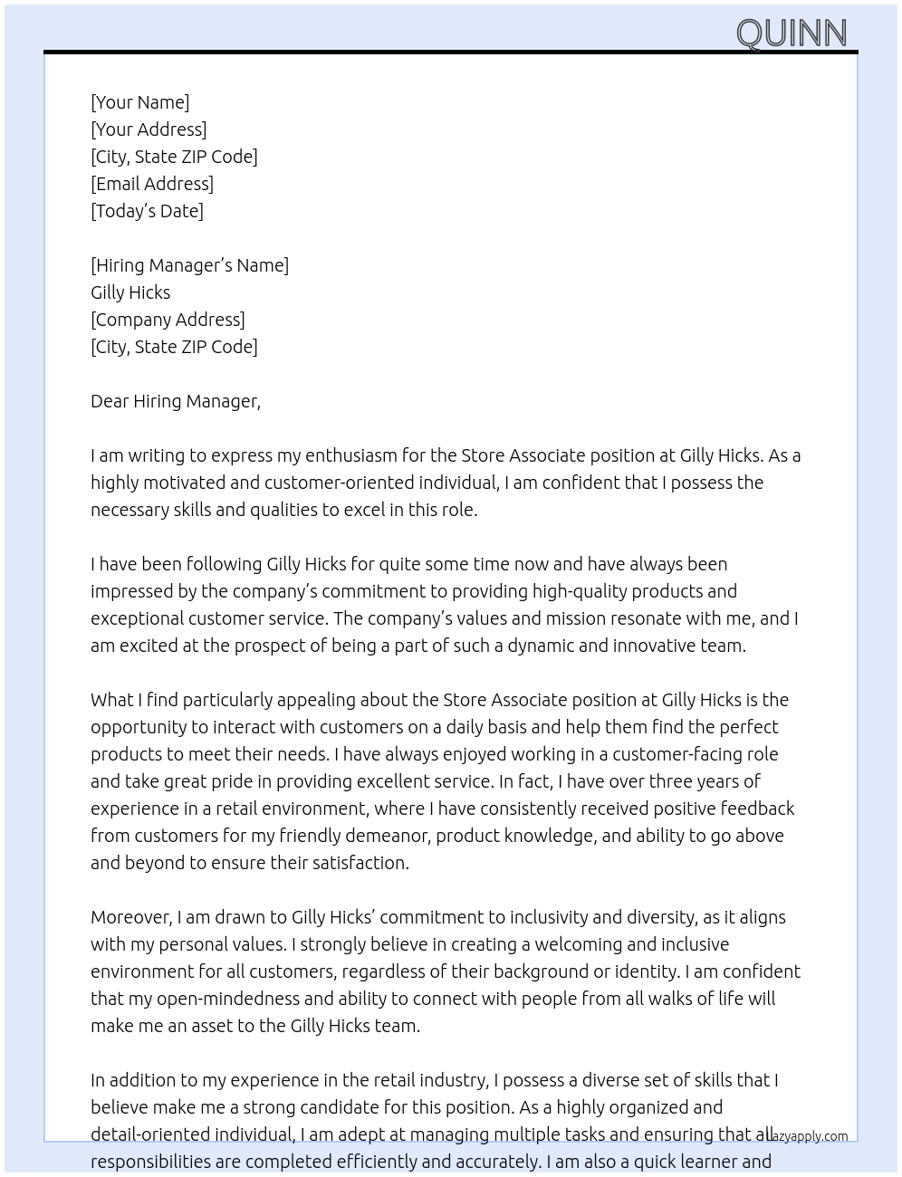 Store associate At Gilly Hicks Cover Letter