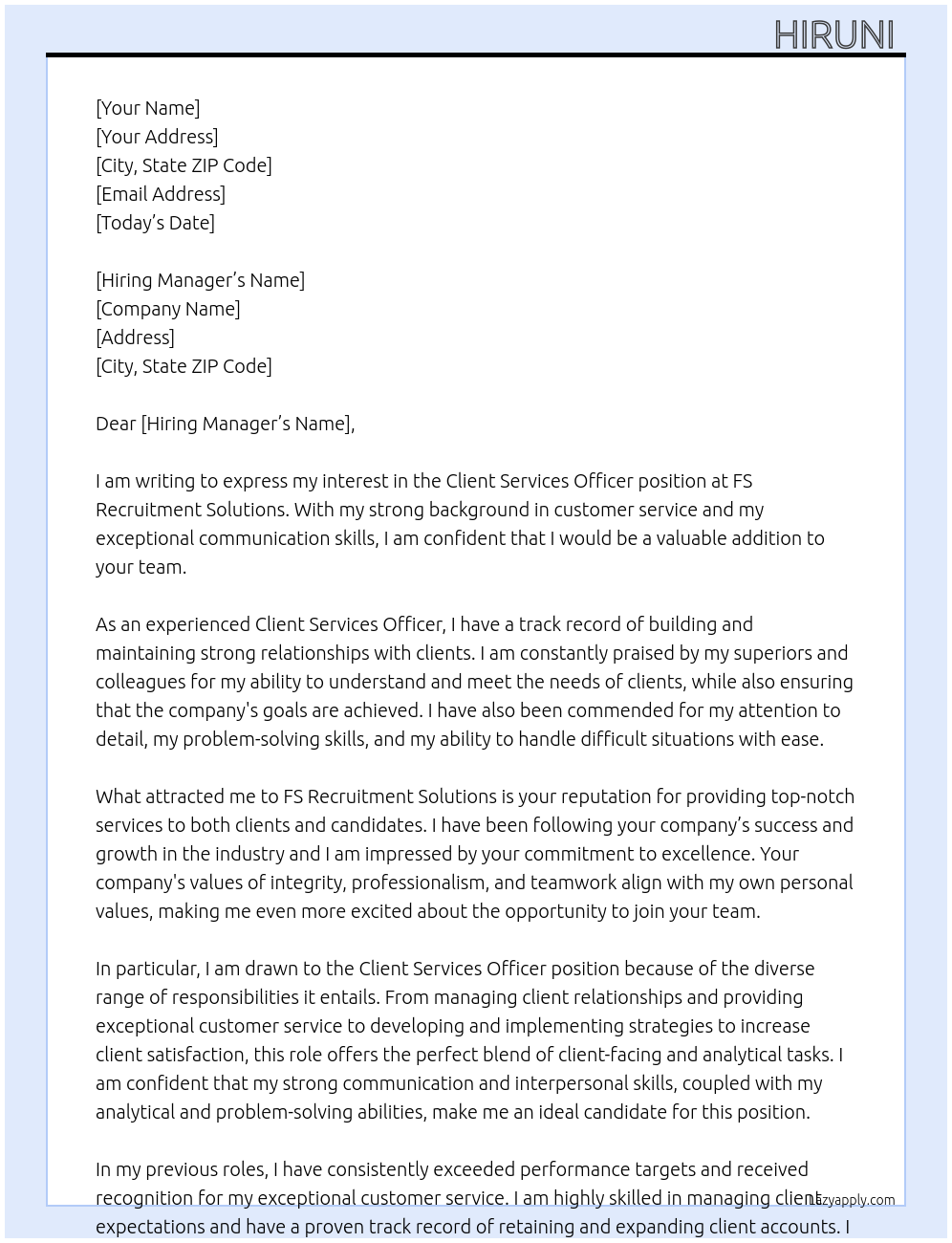 Client Services Officer At FS Recruitment Solutions Cover Letter