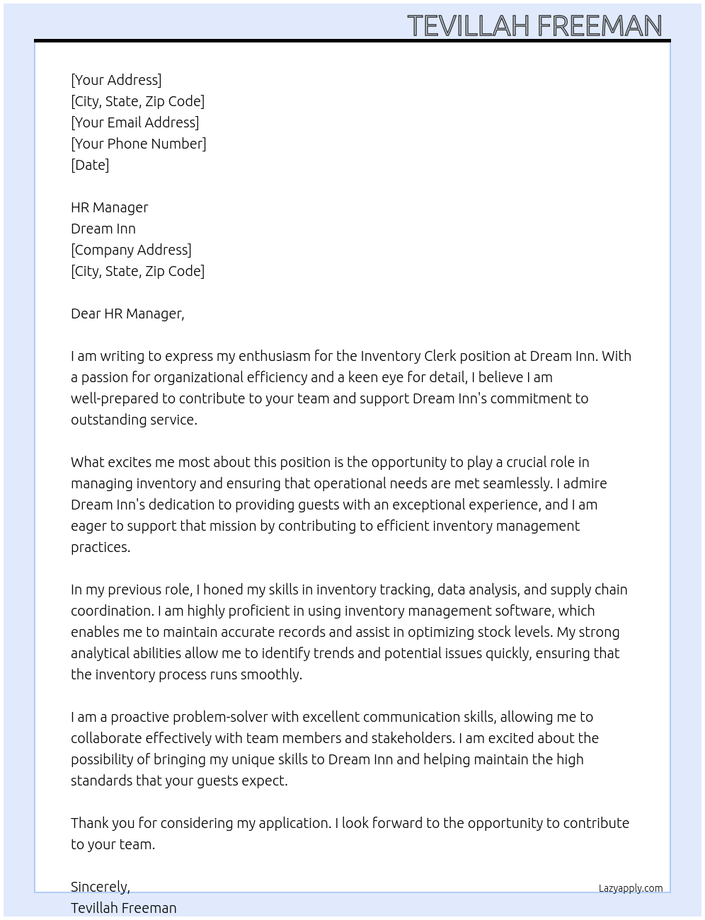 Cover letter for inventory clerk - LazyApply