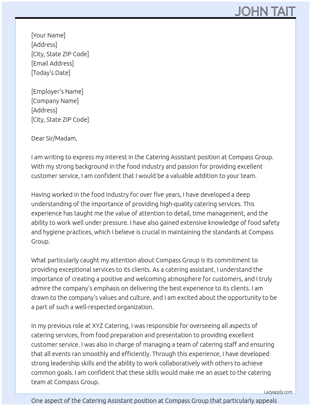 catering Assistant At Compass Group Cover Letter