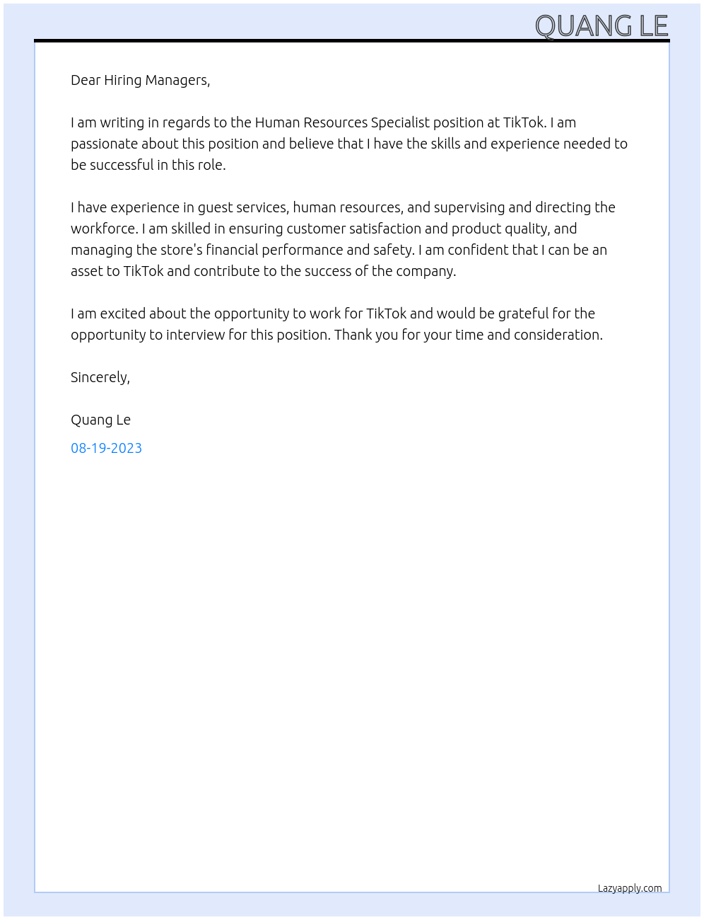 Human Resources Specialist At TikTok Cover Letter