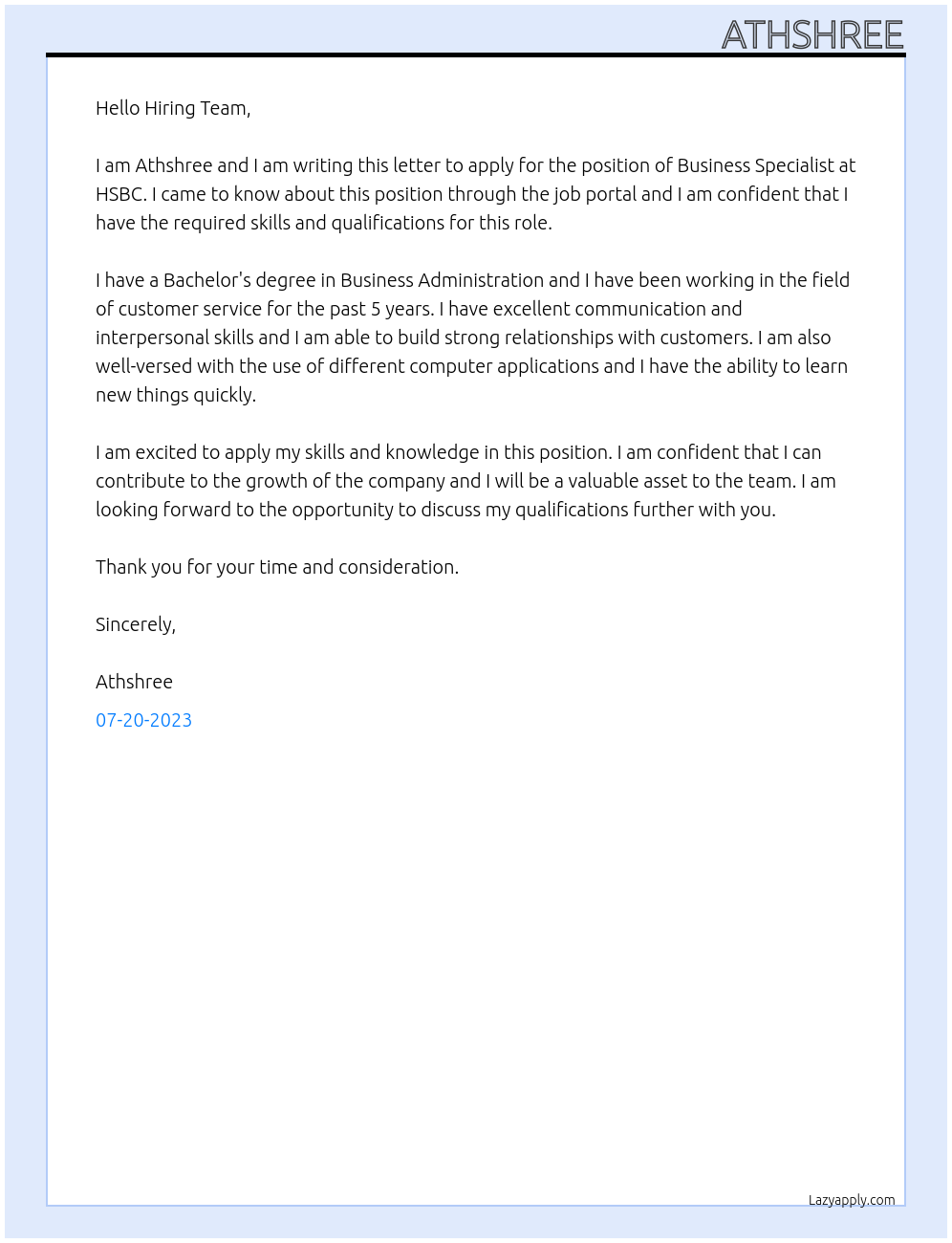 business specialist At HSBC Cover Letter