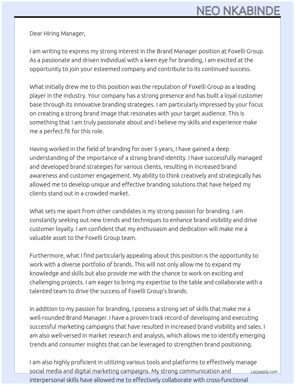 Brand Manager At Foxelli group Cover Letter