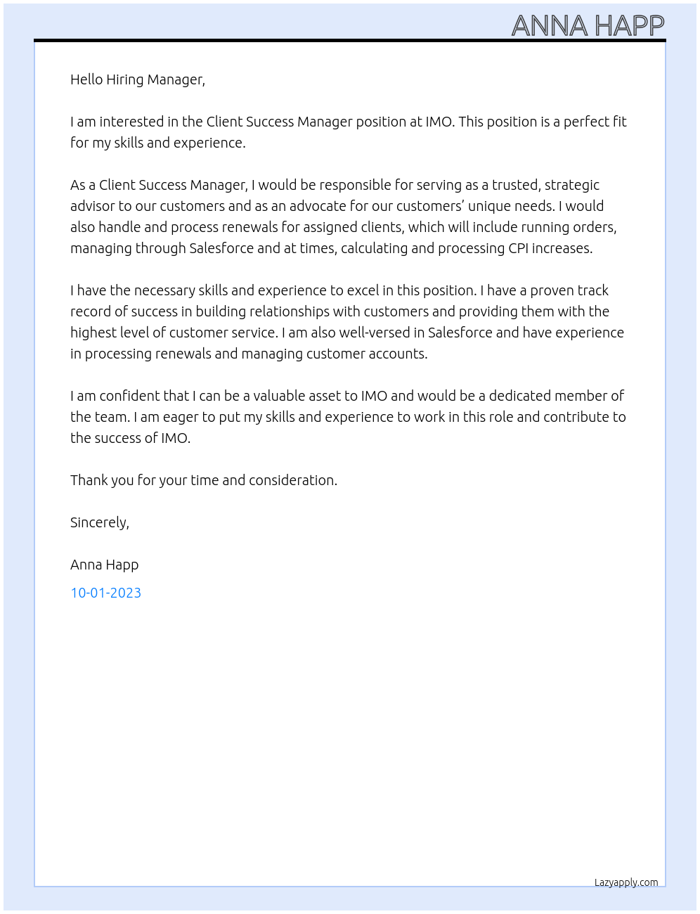 Client Success Manager At IMO Cover Letter