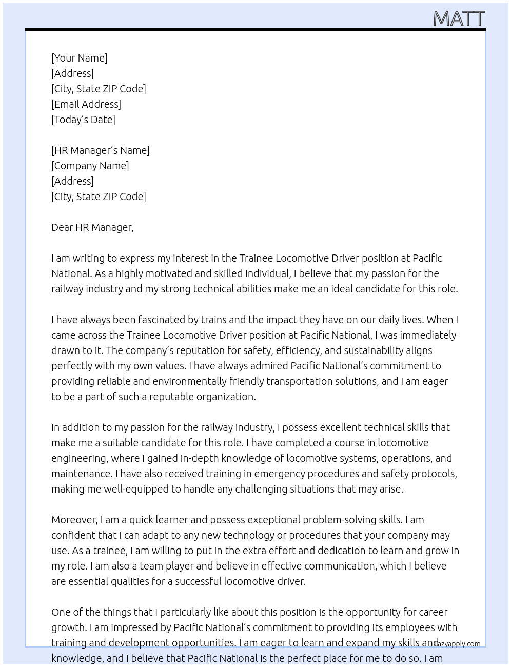  Trainee Locomotive Driver At Pacific National  Cover Letter