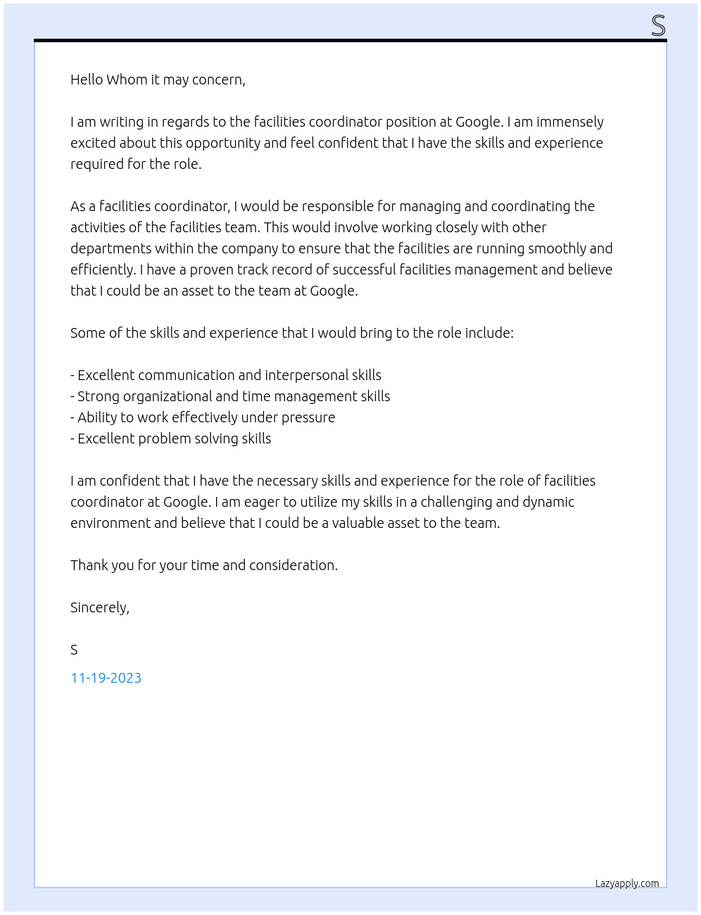 facilities coordinator At Google Cover Letter