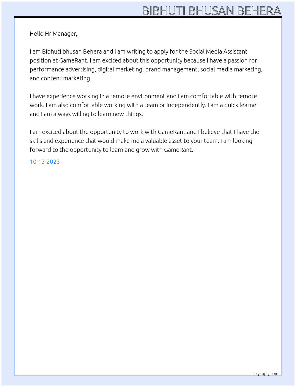 Social Media Assistant At GameRant Cover Letter