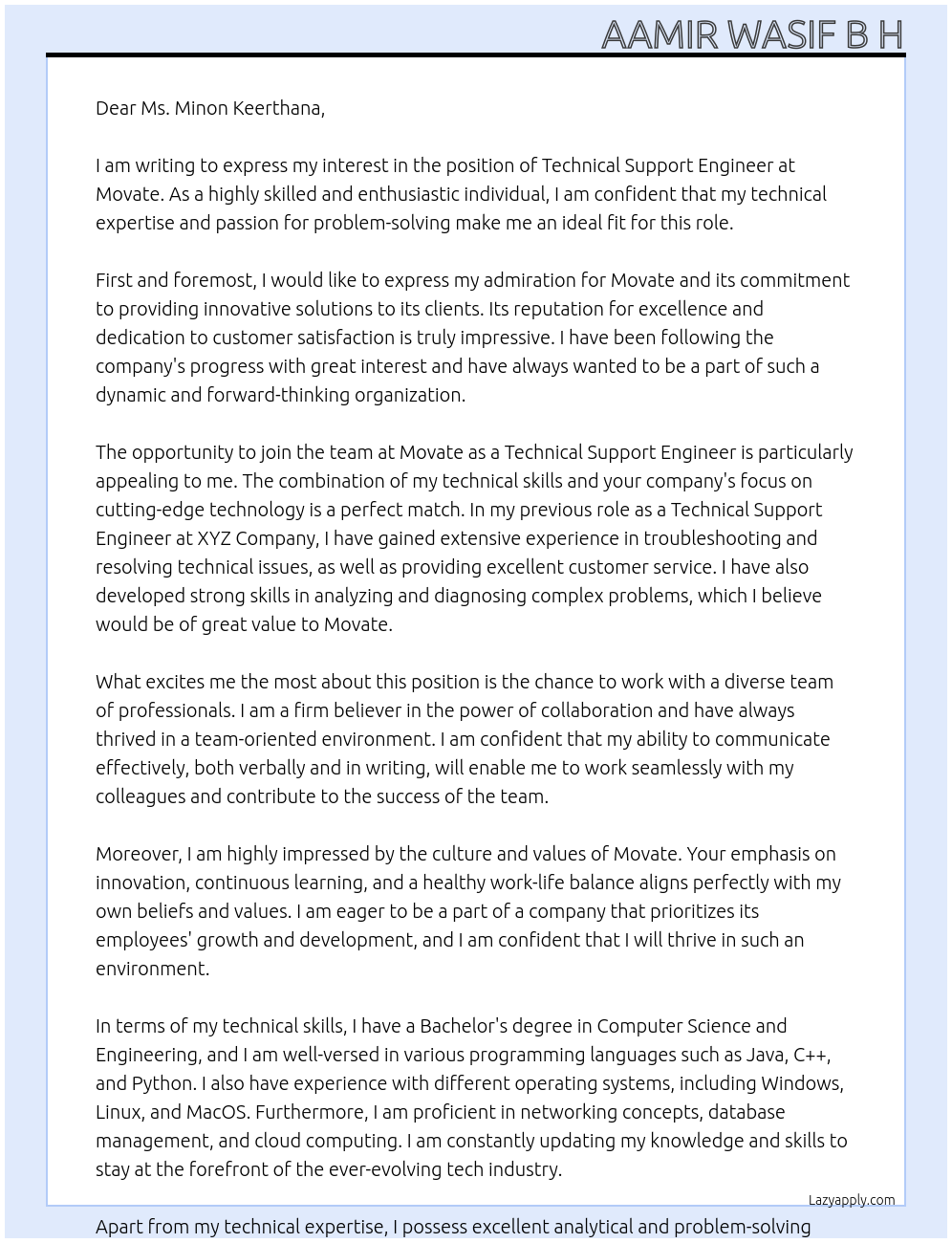 Technical Support Engineer At Movate Cover Letter