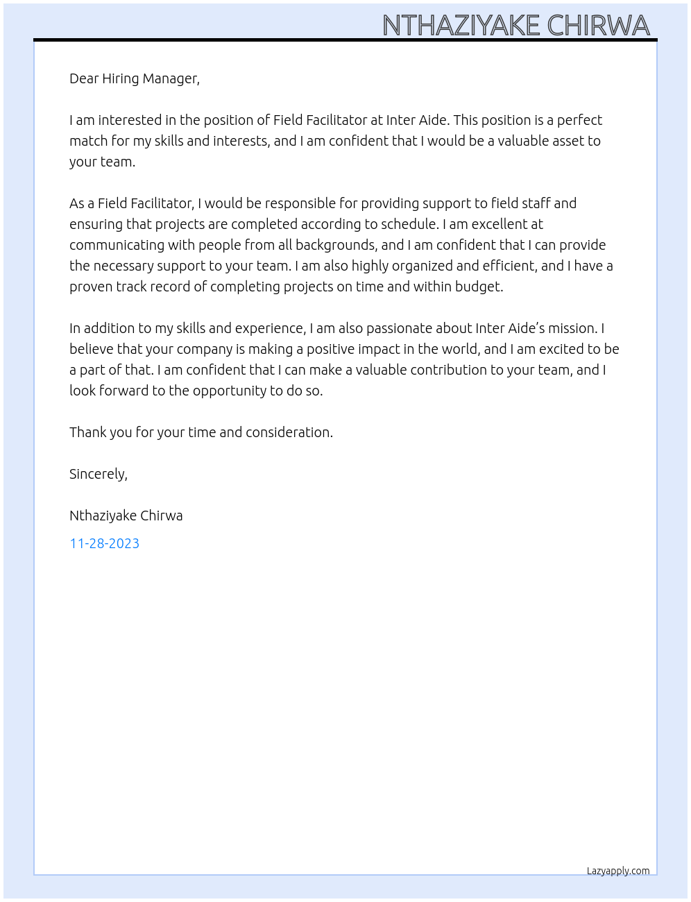 field facilitator At Inter Aide Cover Letter