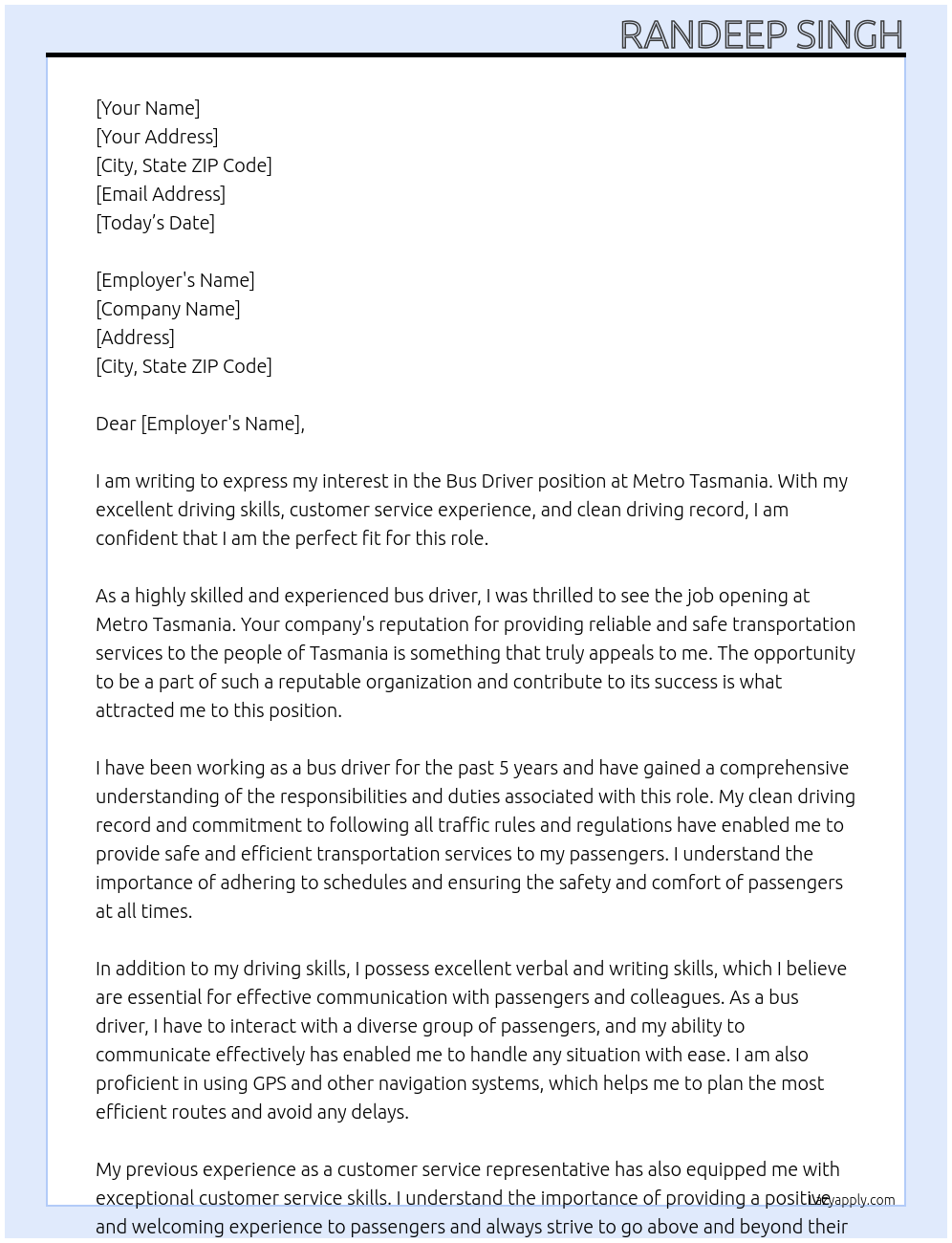 Bus driver At Metro tasmaina Cover Letter