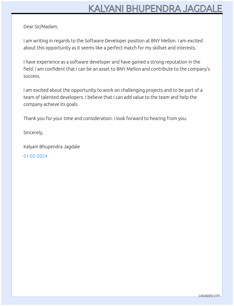 Software Devloper At BNY Mellon Cover Letter