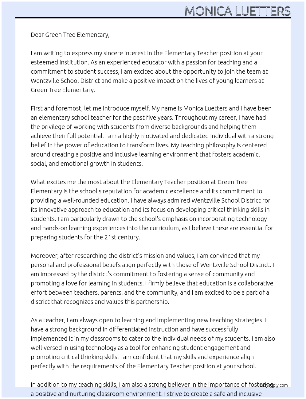 Elementary Teacher At Wentzville School District Cover Letter