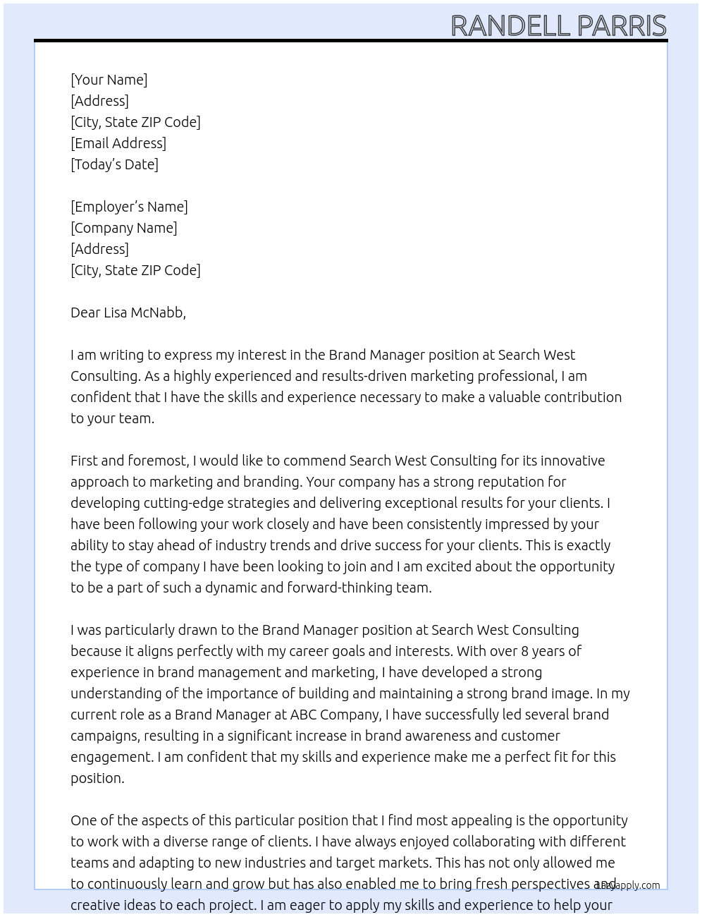 Cover letter for brand manager - LazyApply
