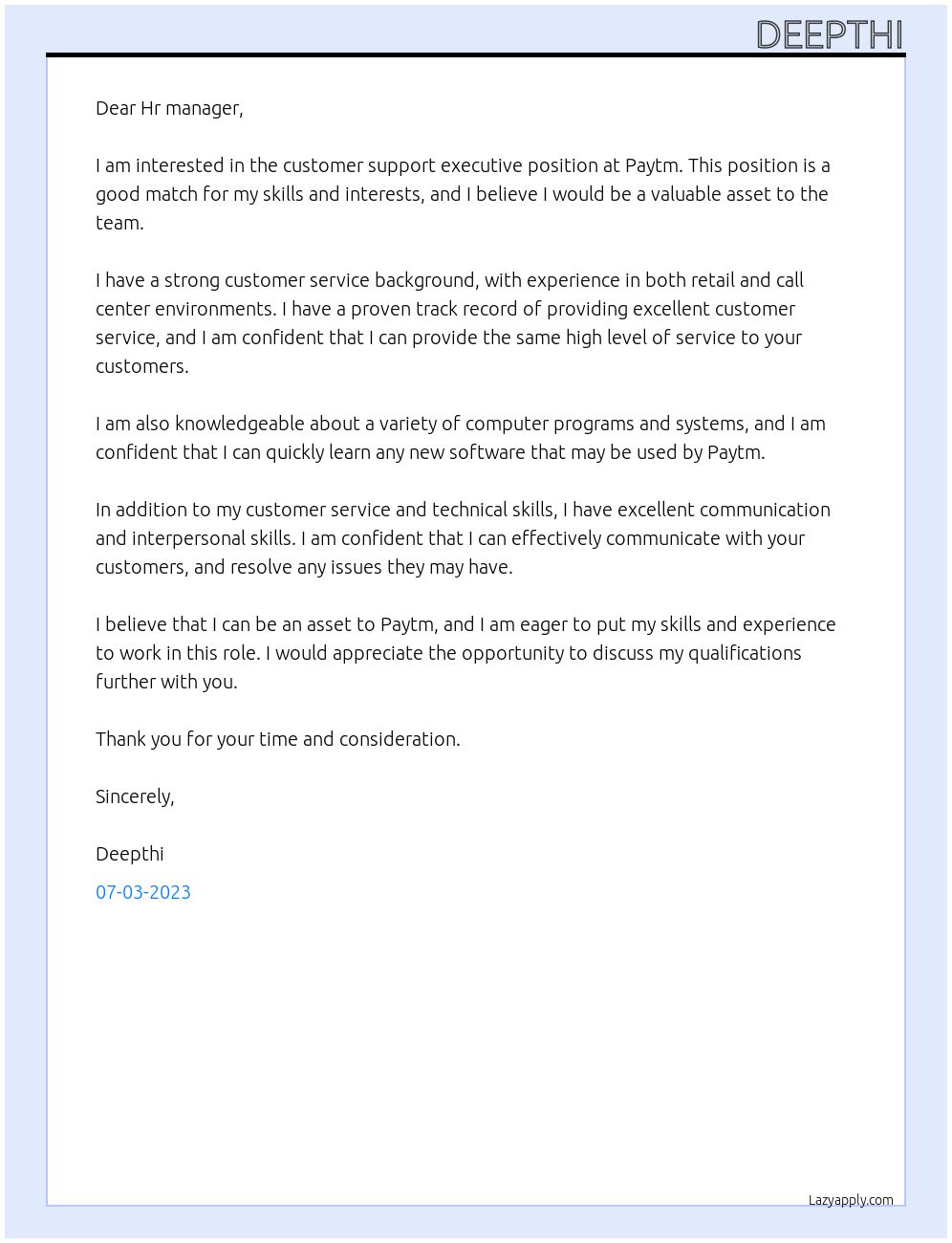 Customer support executive At Paytm Cover Letter