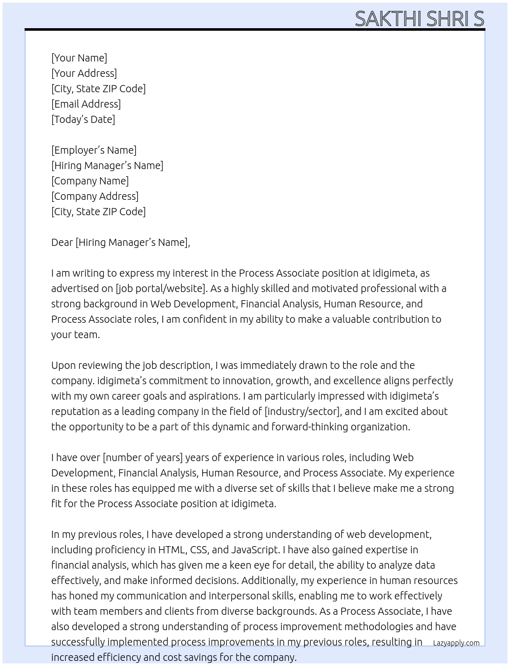 Process Associate At idigimeta Cover Letter