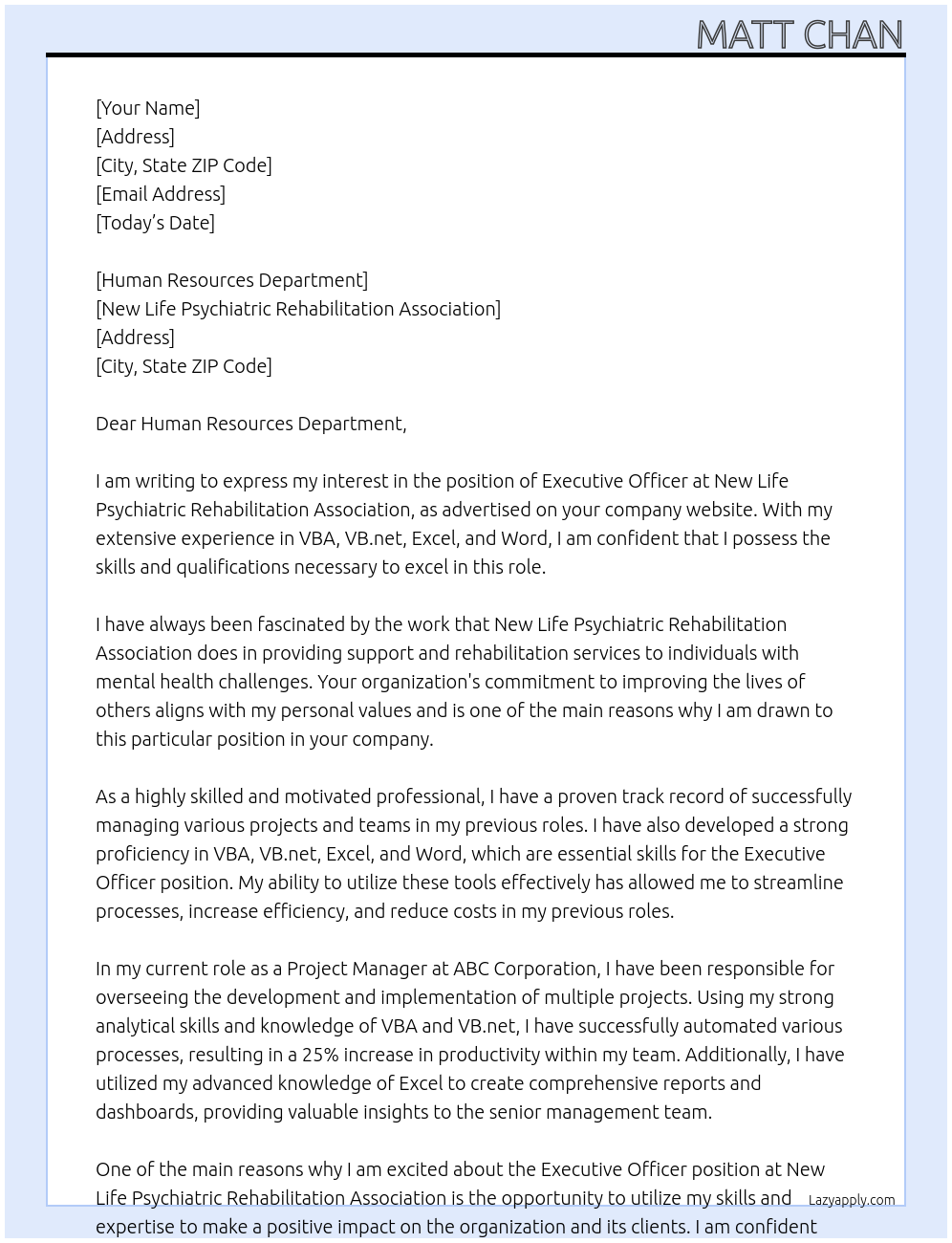 Executive Officer At New Life Psychiatric Rehabilitation Association Cover Letter