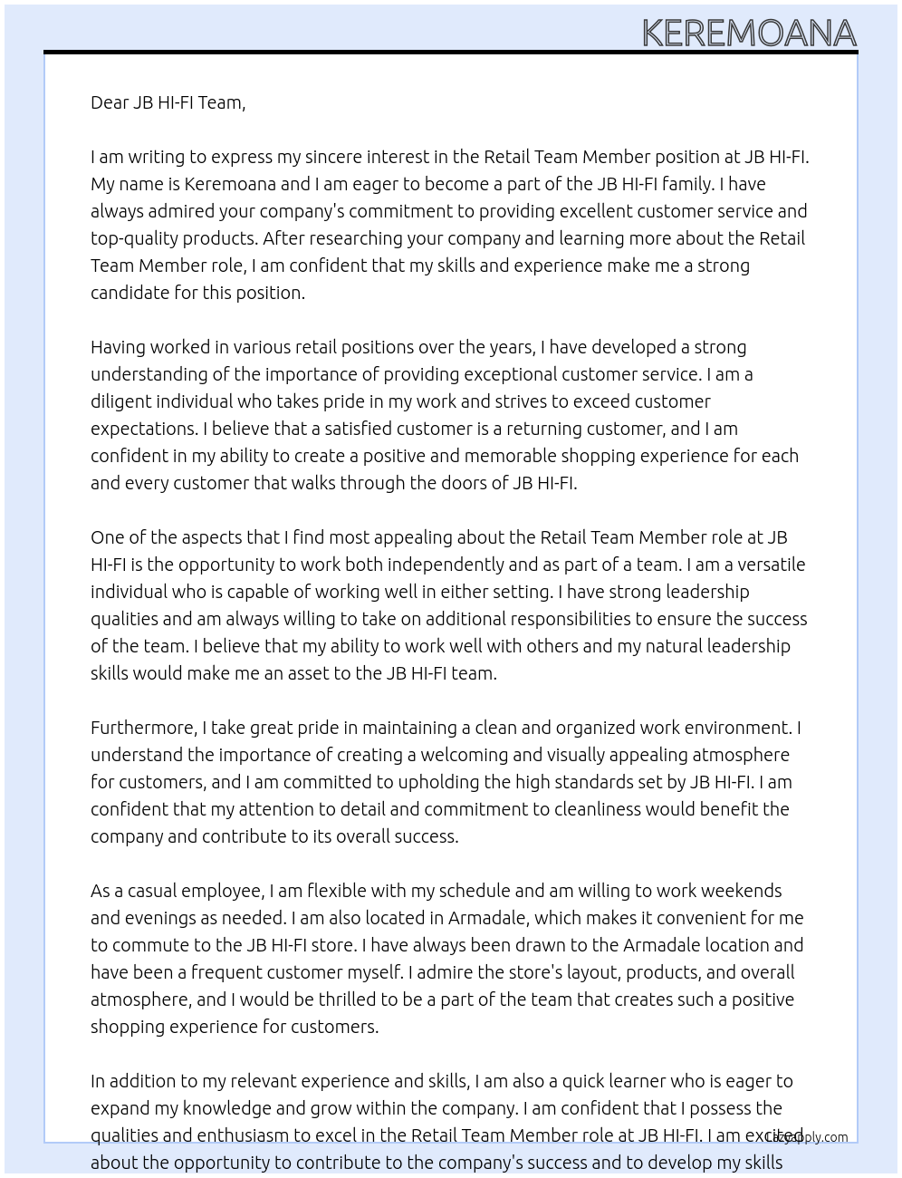 Retail team member At JB HI-FI Cover Letter