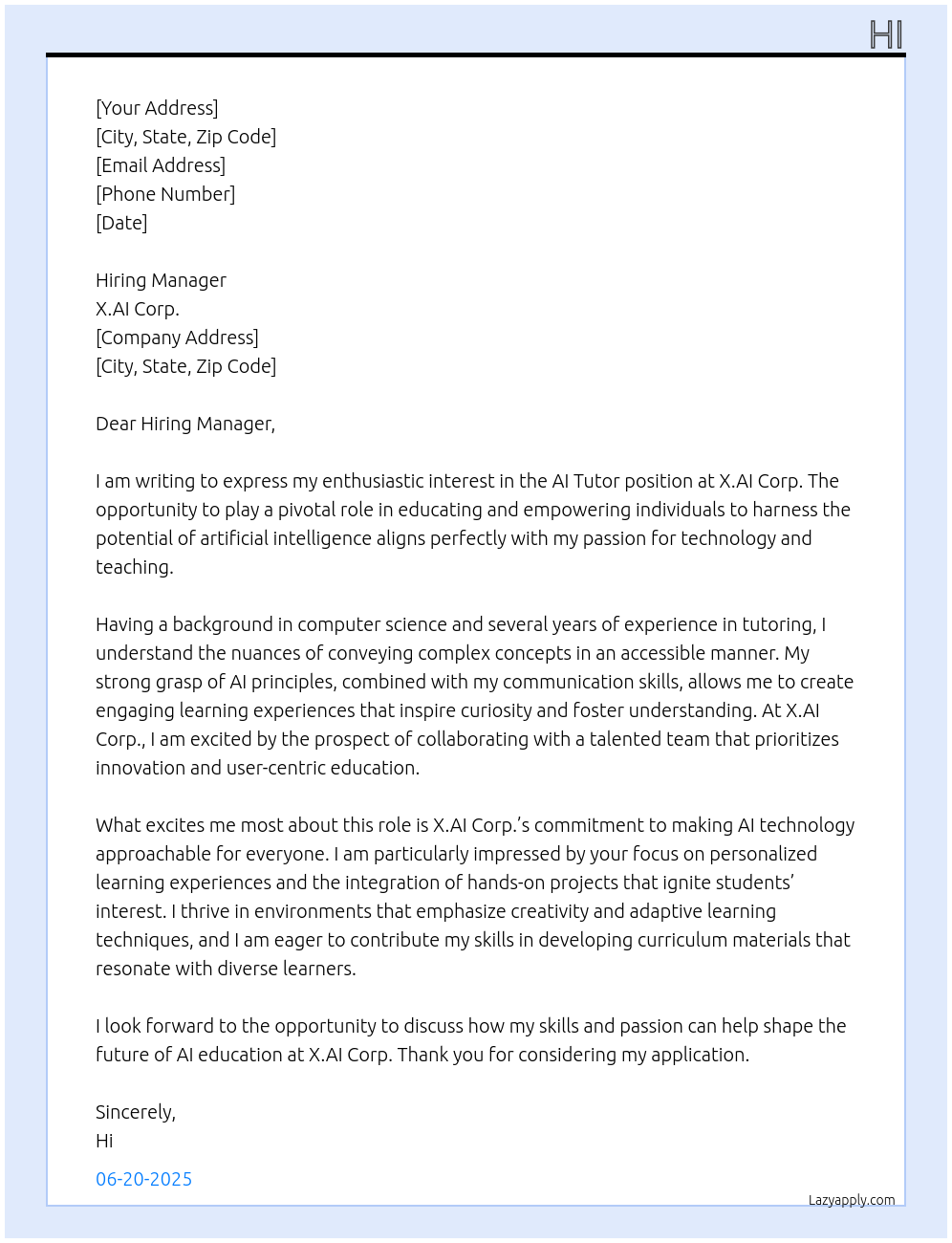 AI Tutor At X.AI Corp. Cover Letter