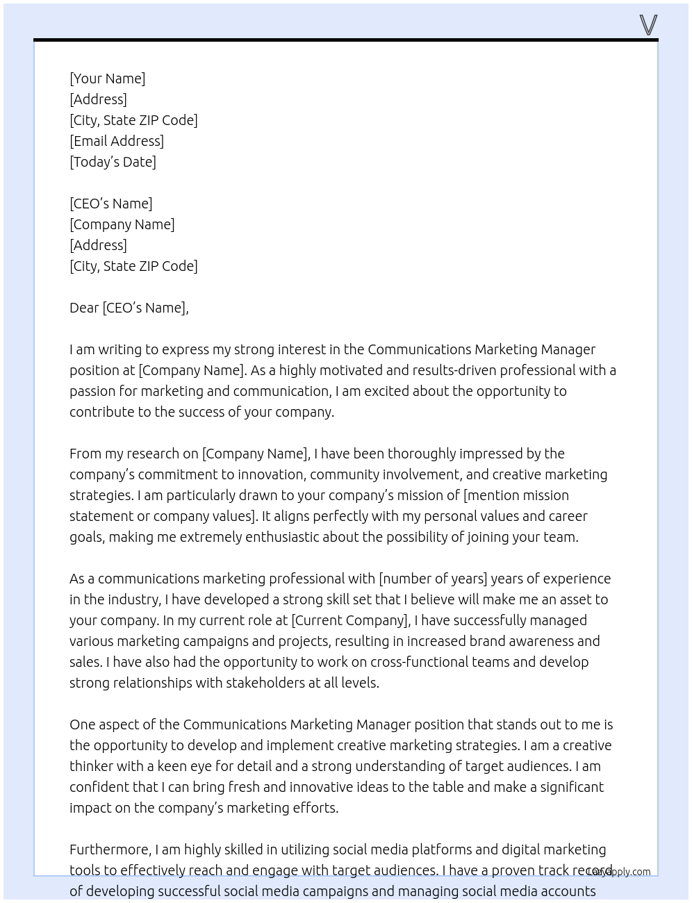 communications marketing manager At company Cover Letter