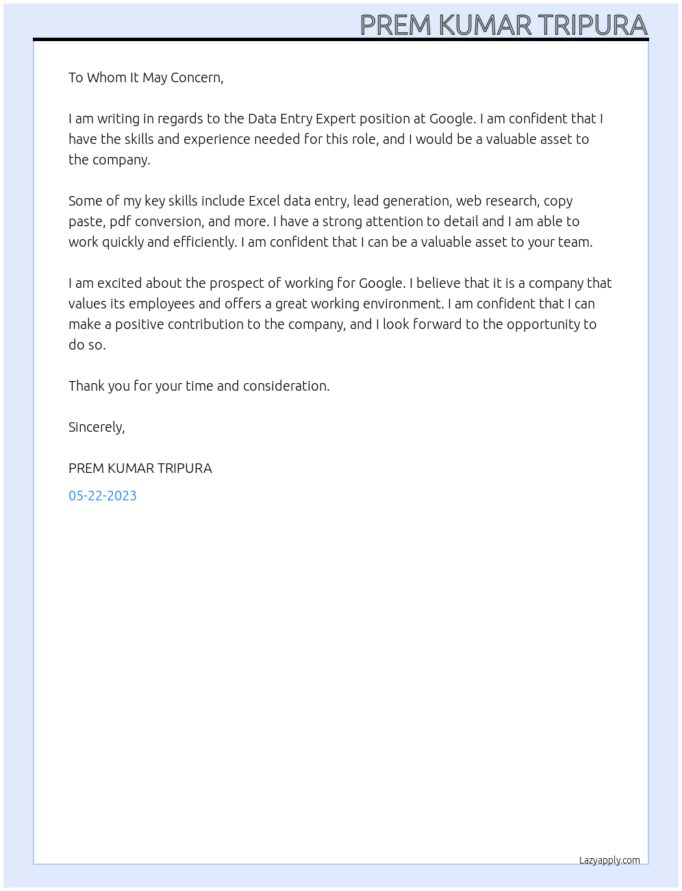 Data Entry Expert At Google Cover Letter