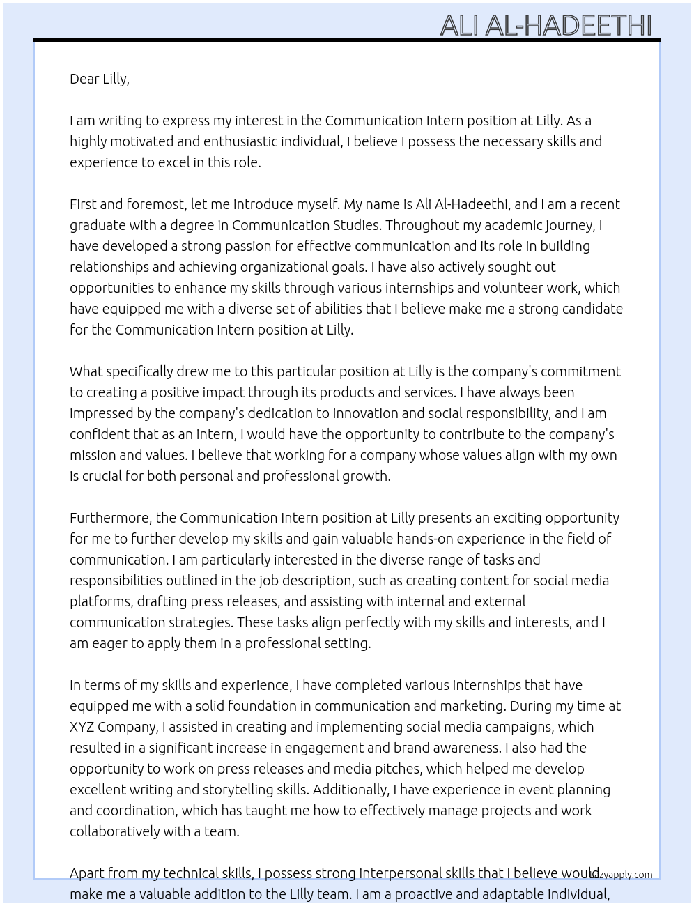 Communication Intern At Lilly Cover Letter