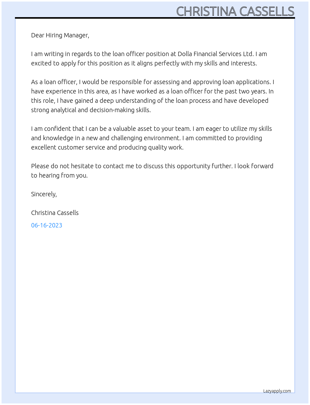 loan officer At Dolla Financial services Ltd. Cover Letter