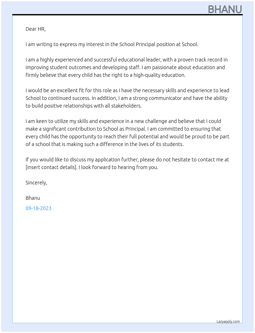 School Principal At School Cover Letter