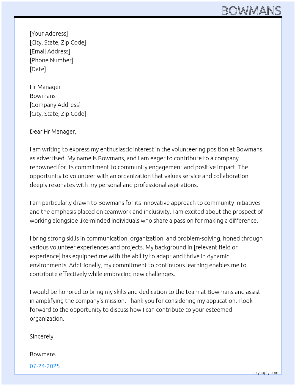 Cover letter for volunteering - LazyApply