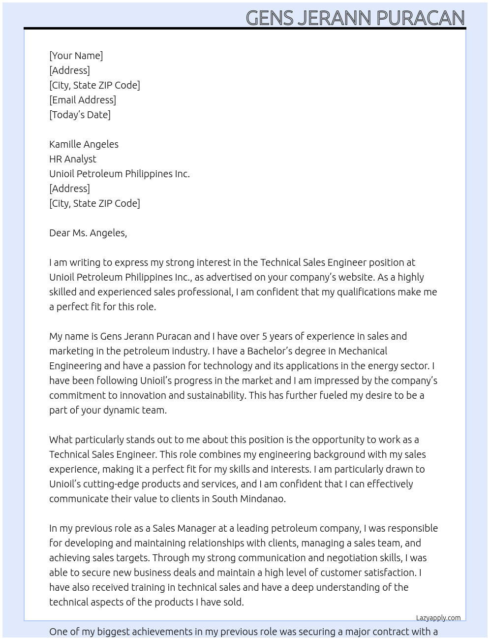 Technical Sales Engineer At Unioil Petroleum Philippines Inc. Cover Letter