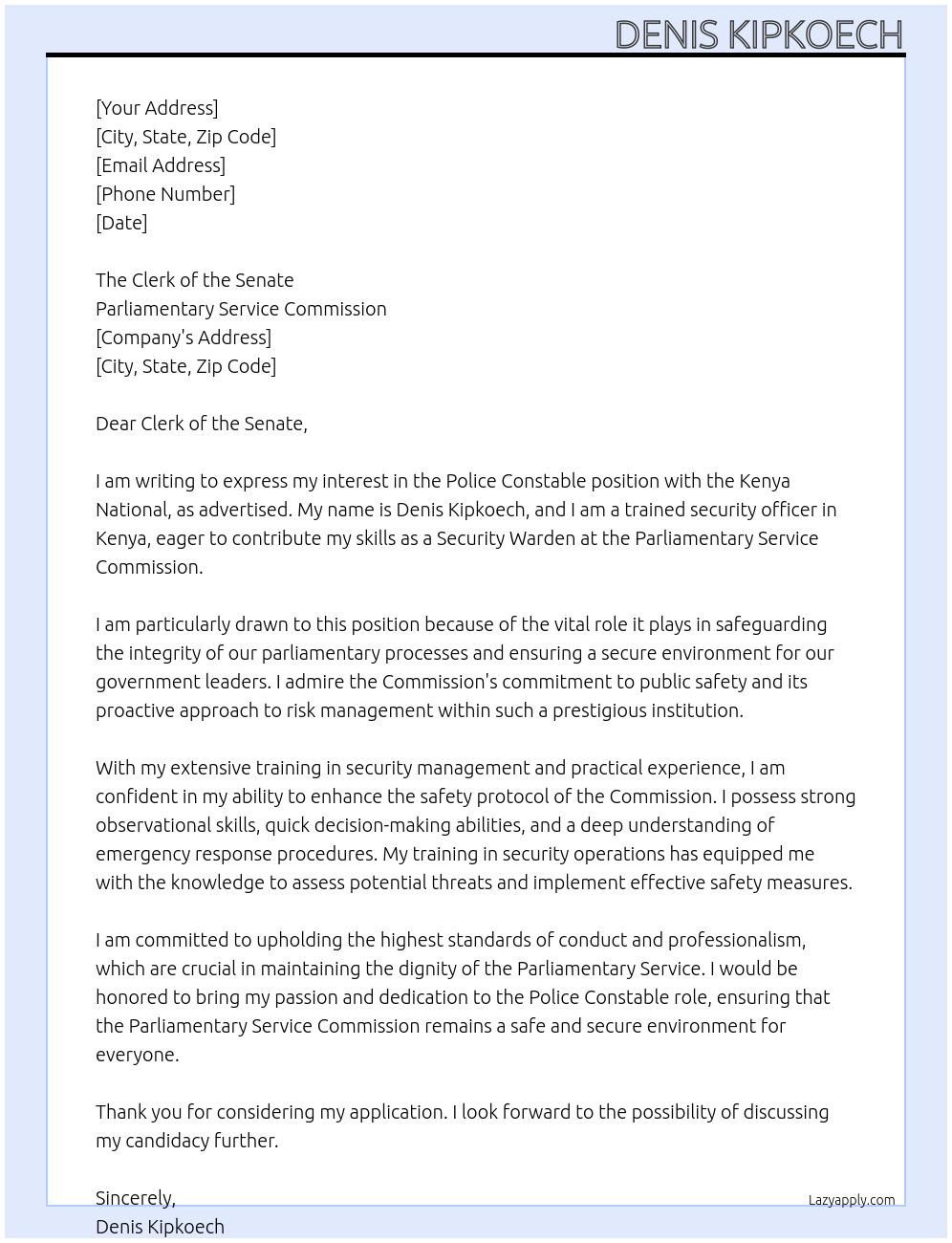 Cover letter for police constable - LazyApply