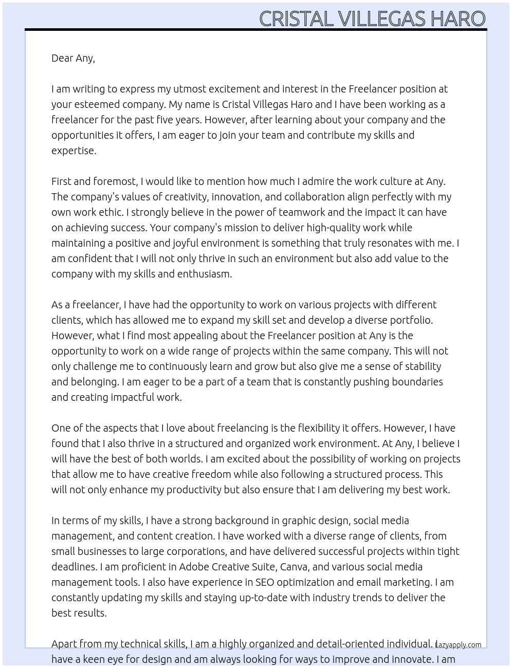 Freelancer At Any Cover Letter