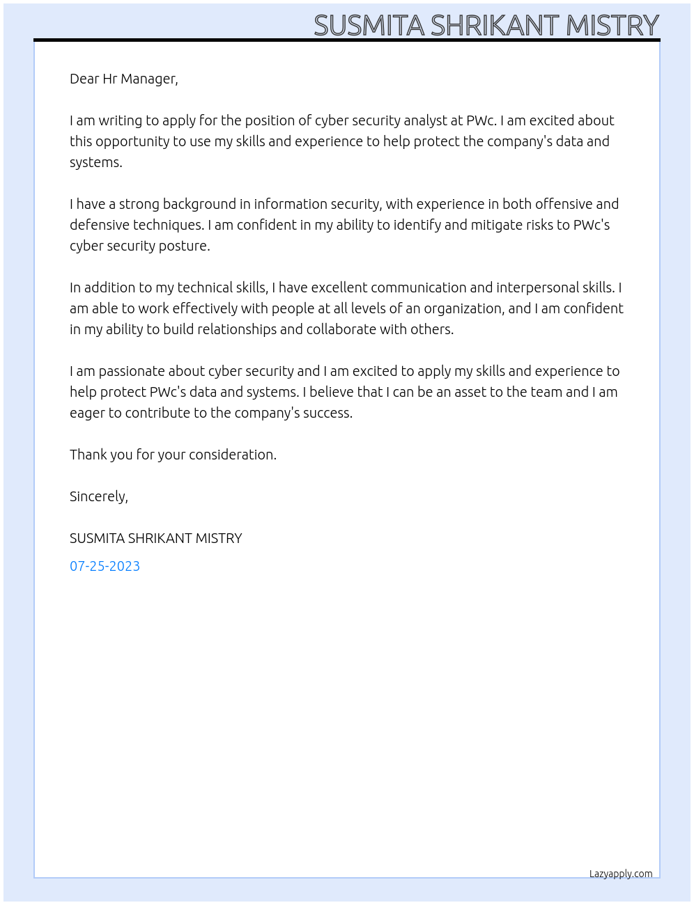 cyber security analyst At PWc Cover Letter