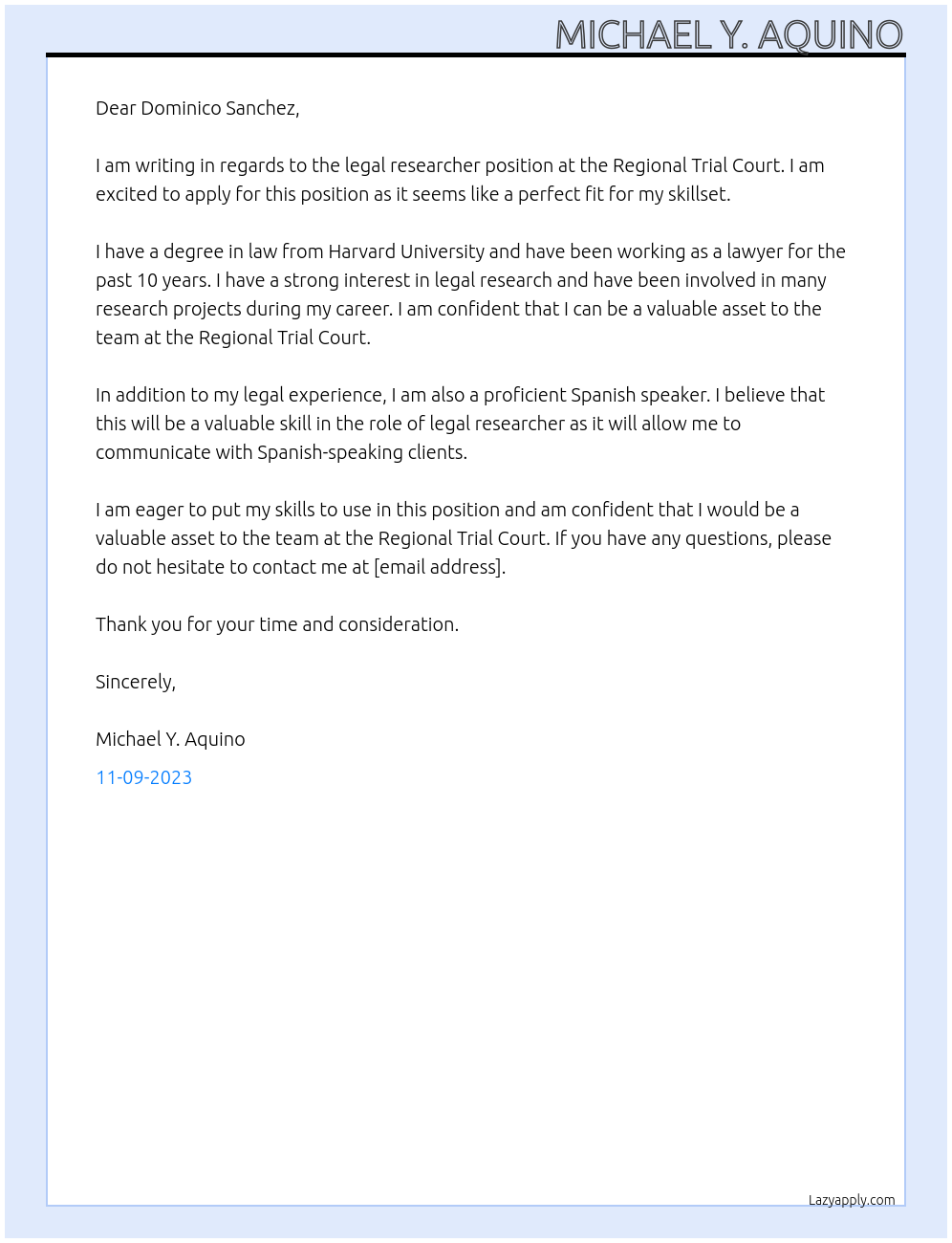 legal researcher At Regional Trial Court Cover Letter