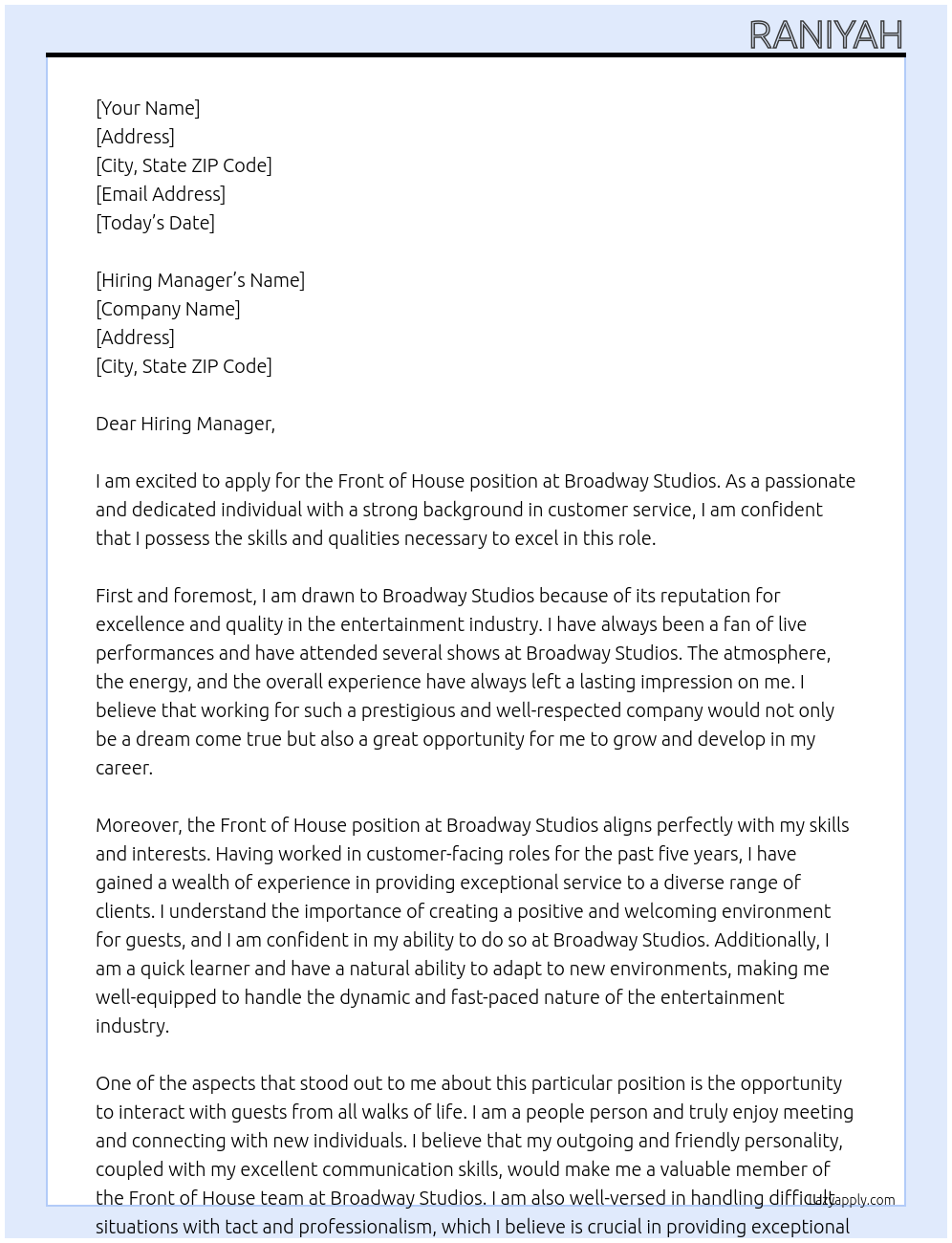 Front of house At Broadway studios Cover Letter