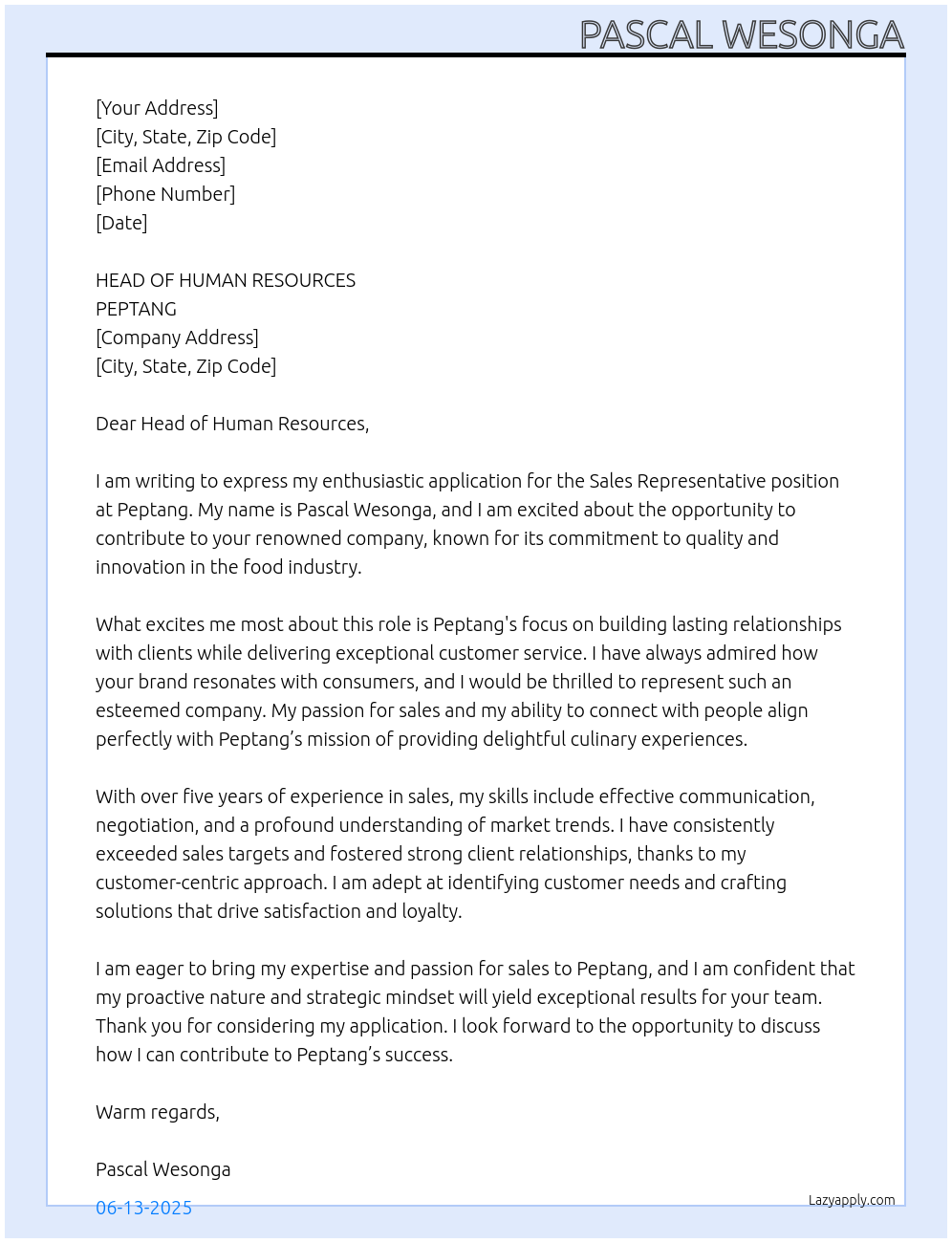 SALES REPRESENTATIVE At PEPTANG Cover Letter