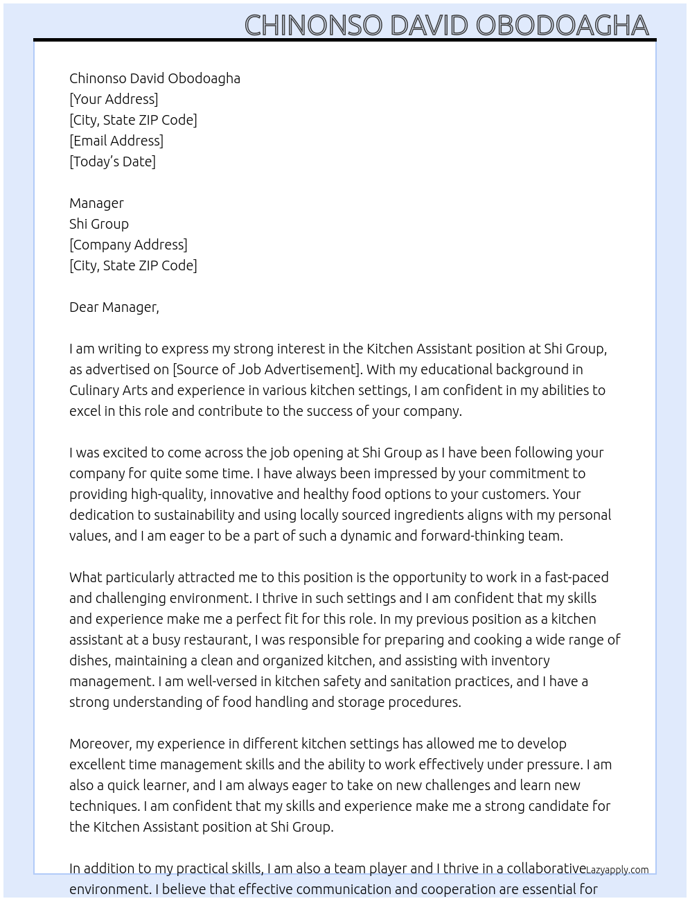 Kitchen assistant At Shi Group Cover Letter