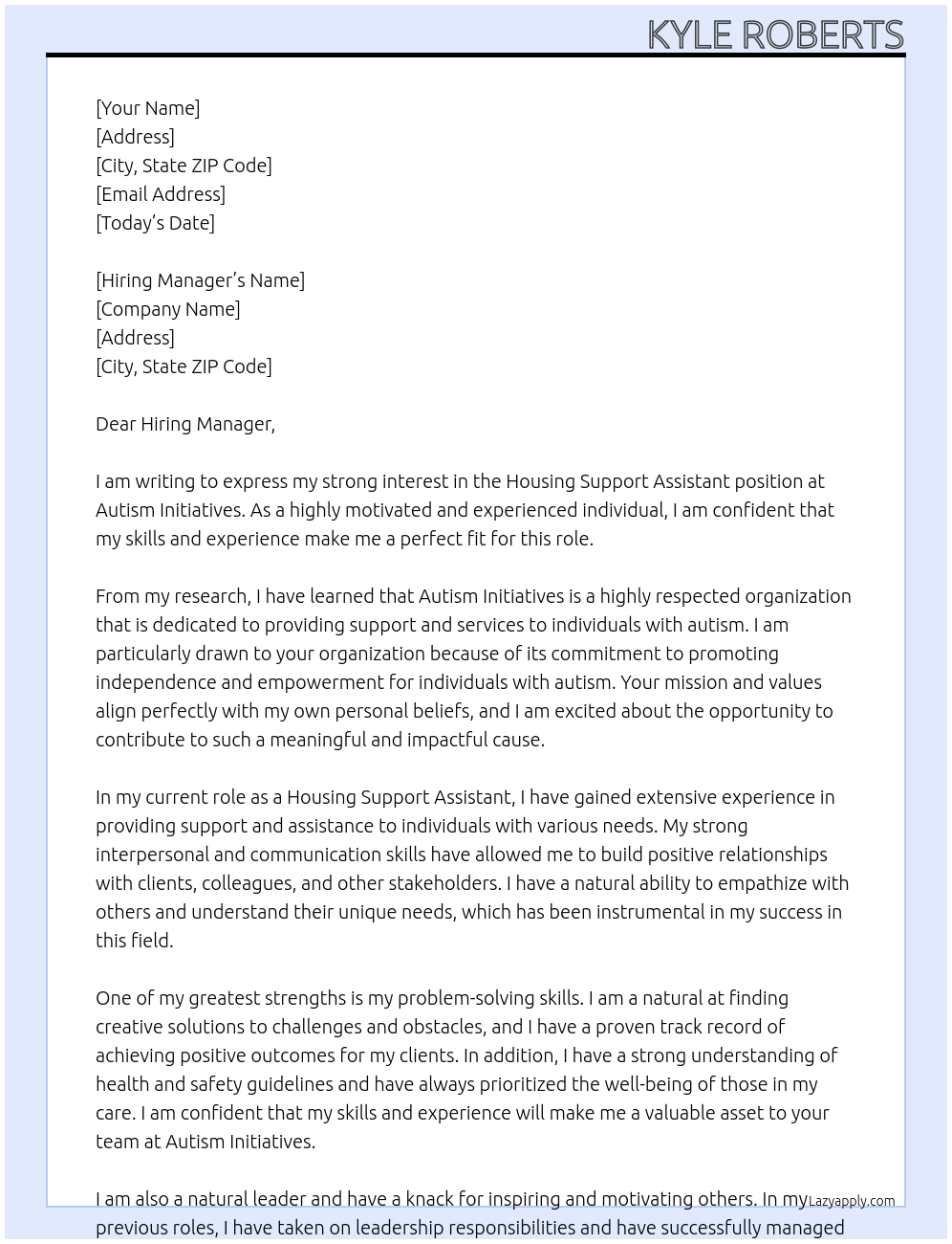 Housing Support assistant At Autism Initiatives  Cover Letter