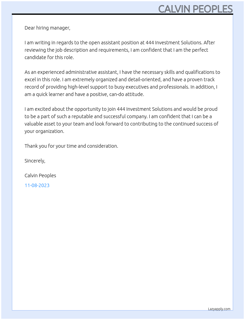 Assistance At 444 Investment Solutions Cover Letter