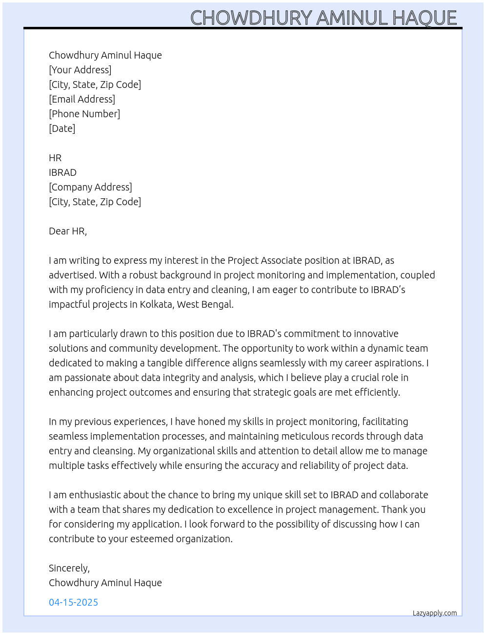 Project Associate At IBRAD Cover Letter