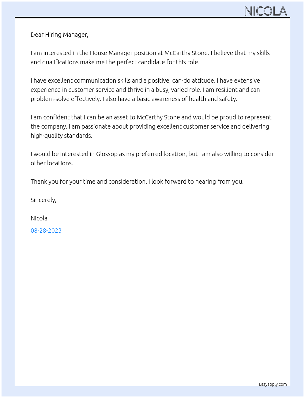 House Manager At McCarthy Stone Cover Letter