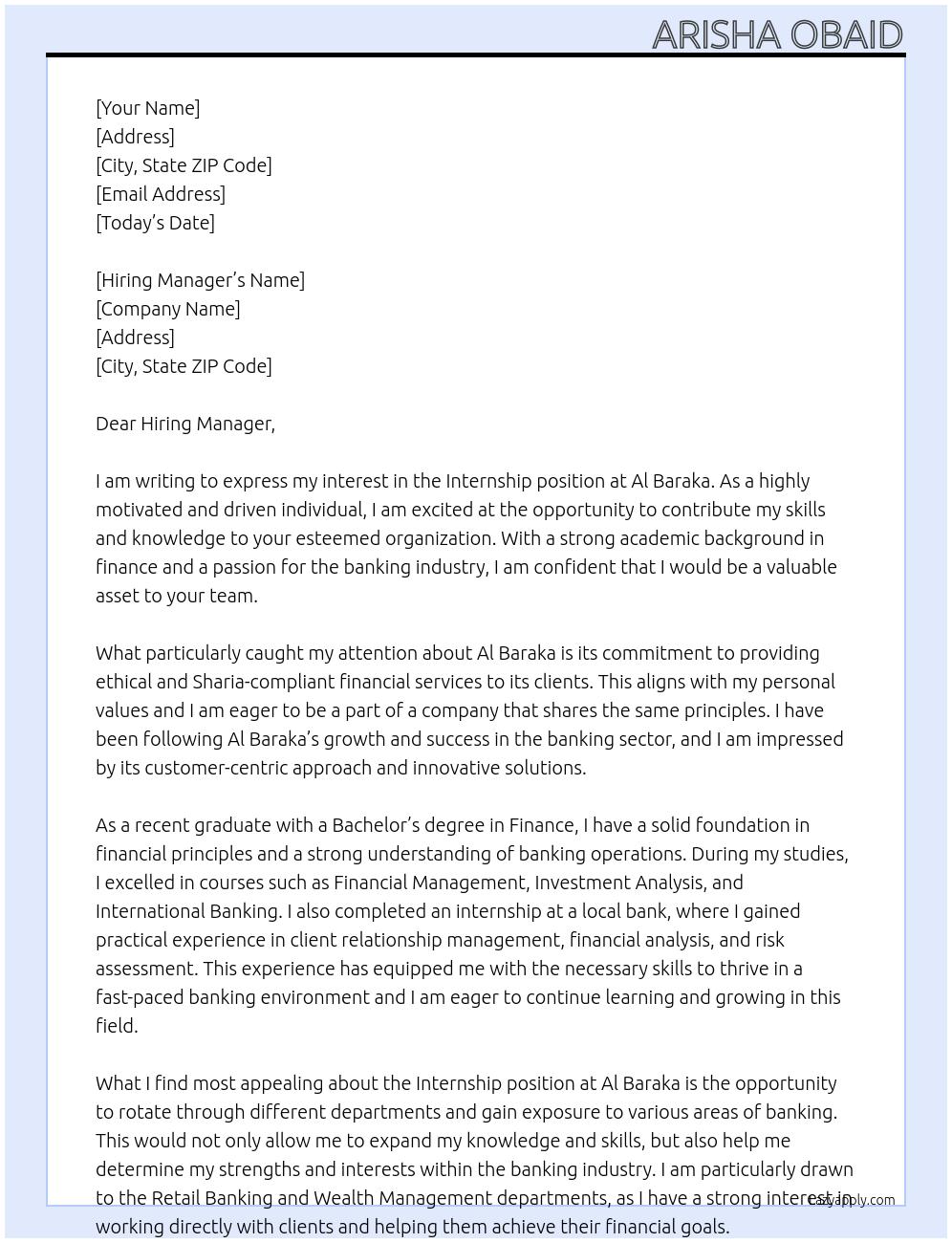 Cover letter for internship in bank - LazyApply
